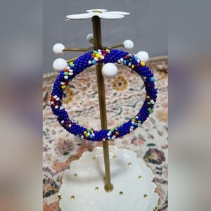 Boho African Beaded Bracelet- Blue Multi-Color Handwoven Bangle - Ethnic Zulu